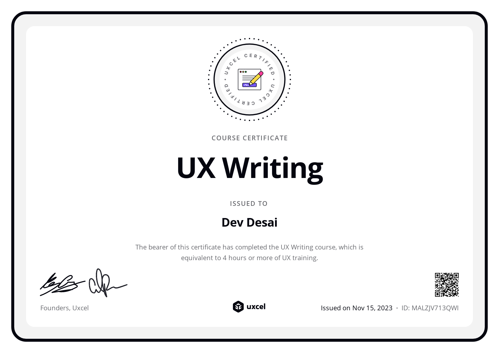 Dev Desai's certificate